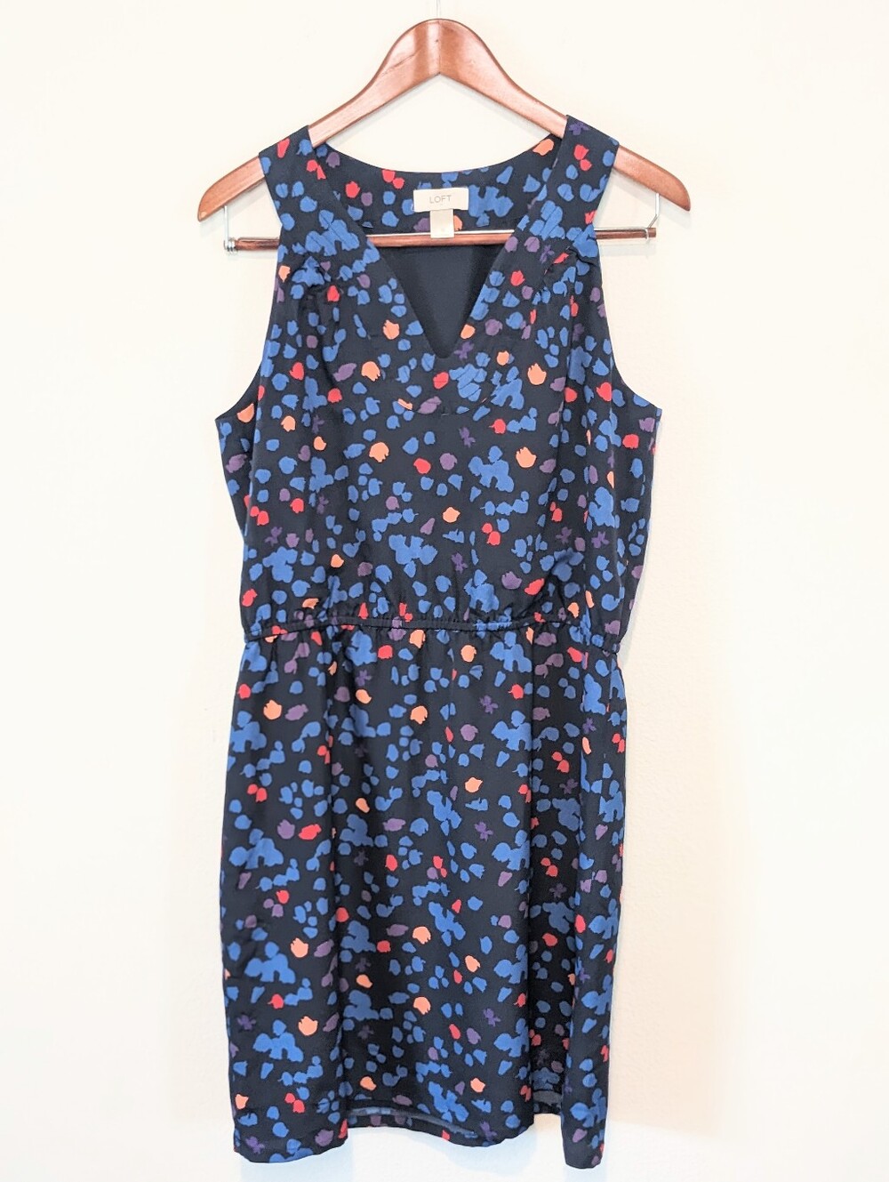 LOFT Sleeveless Abstract Confetti Print V-Neck Dress Navy Multi Size 10
